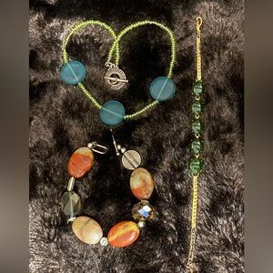 Lot Of Jadeite & Brown Stone Bracelet With Glass Choker